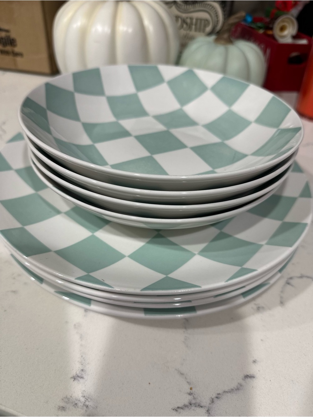 Source Unknown Mint and White Checkerboard Dinner Plates Set